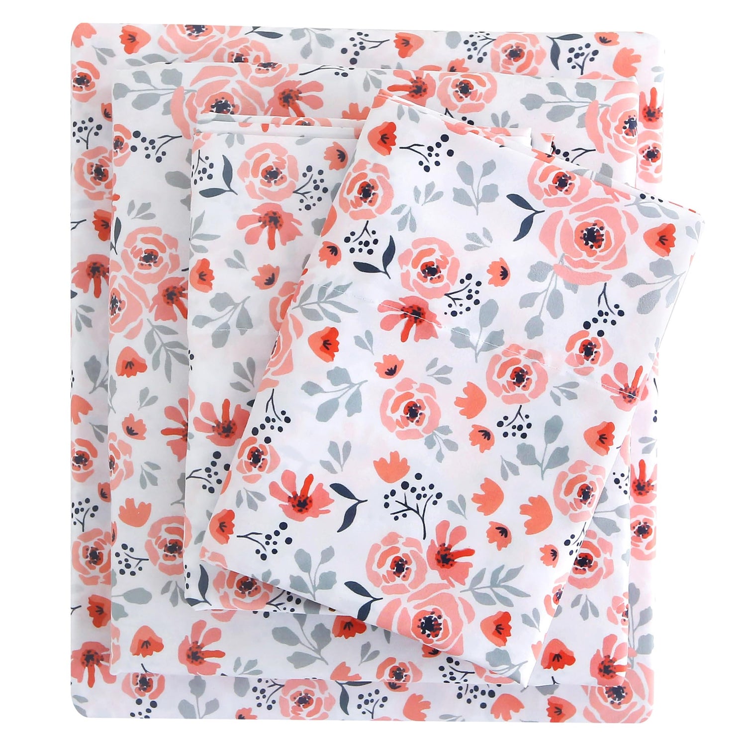 Orange Pink Rose Patterned Bed Sheets Set