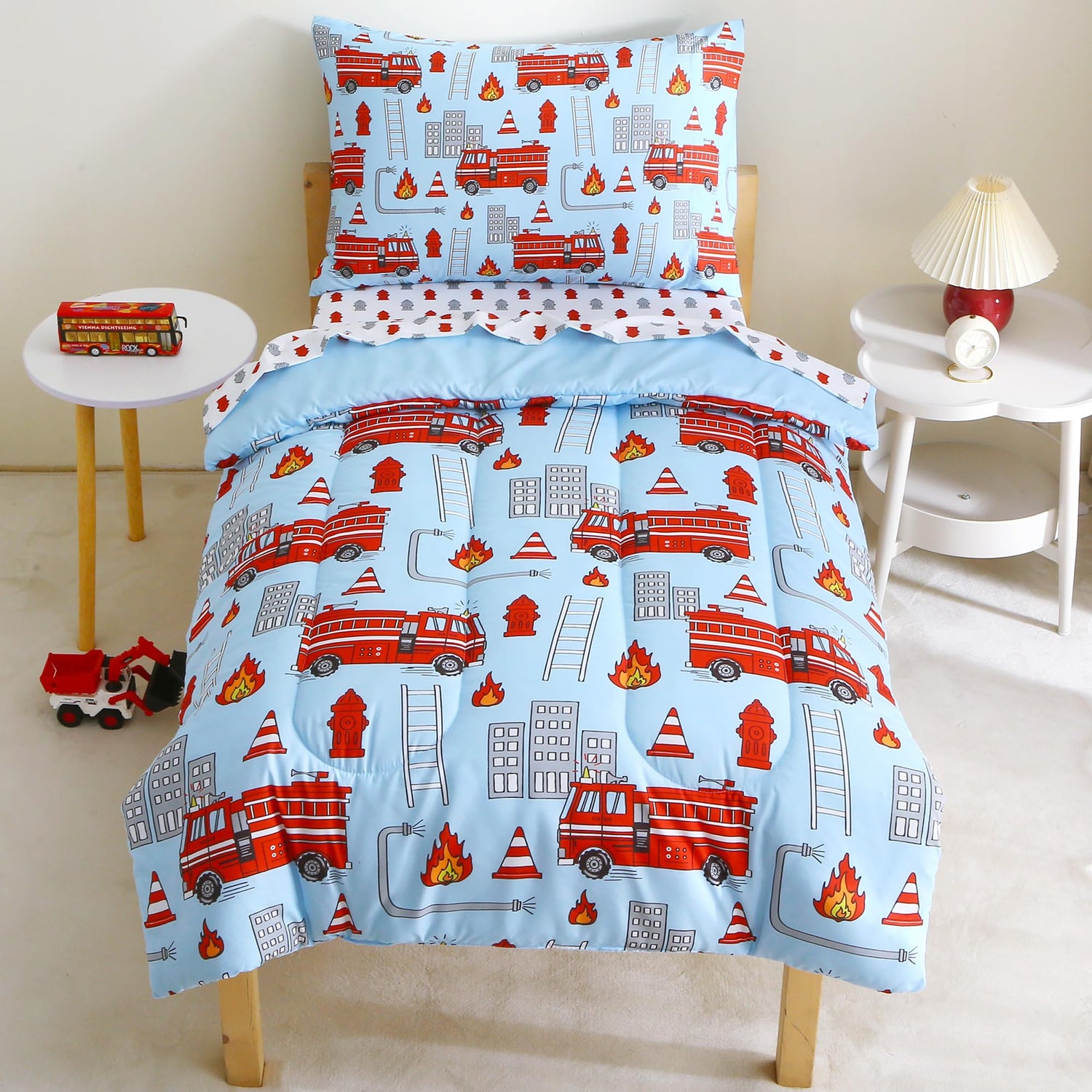 Blue Fire Truck Toddler Comforter Set– 4 Piece