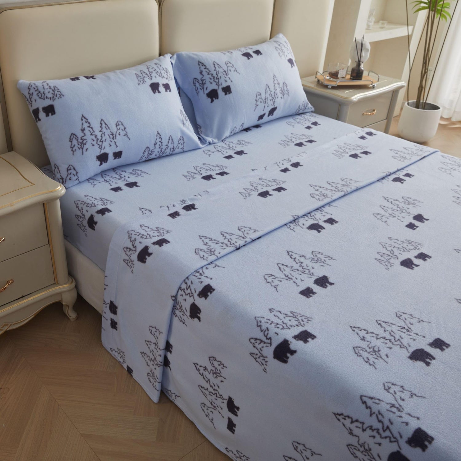 Blue Bear Printed Micro Fleece Bed Sheet Set,Winter Velour Velvet Sheets & Pillowcase Set
