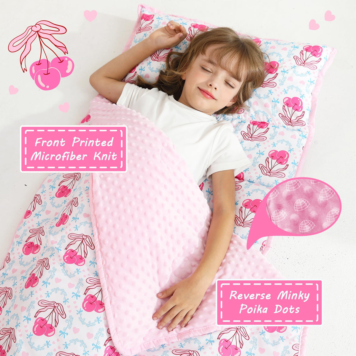 Pink Cherry Toddler Nap Mat with Pillow & Blanket