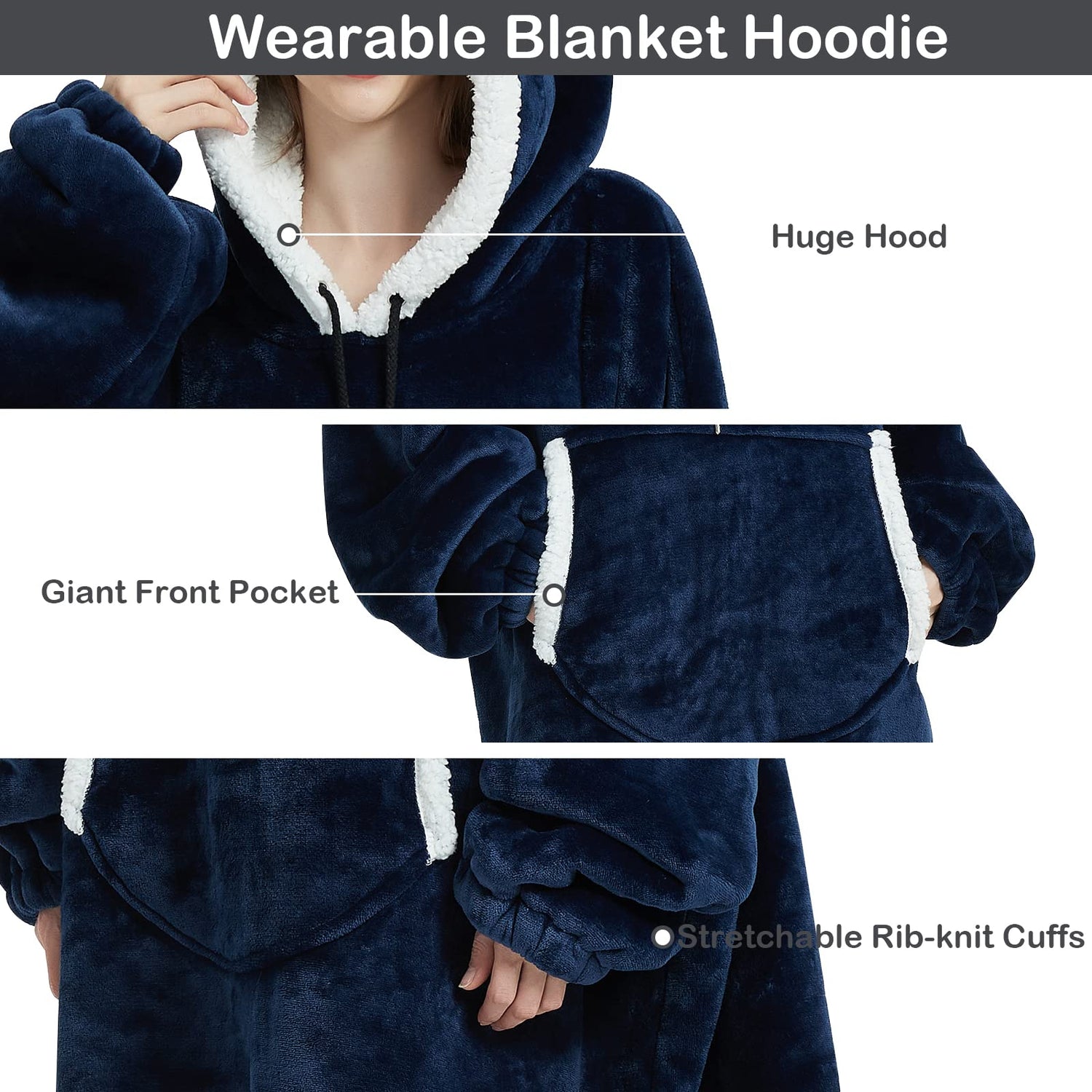 Navy Oversized Sherpa Fleece Wearable Blanket for Women & Men