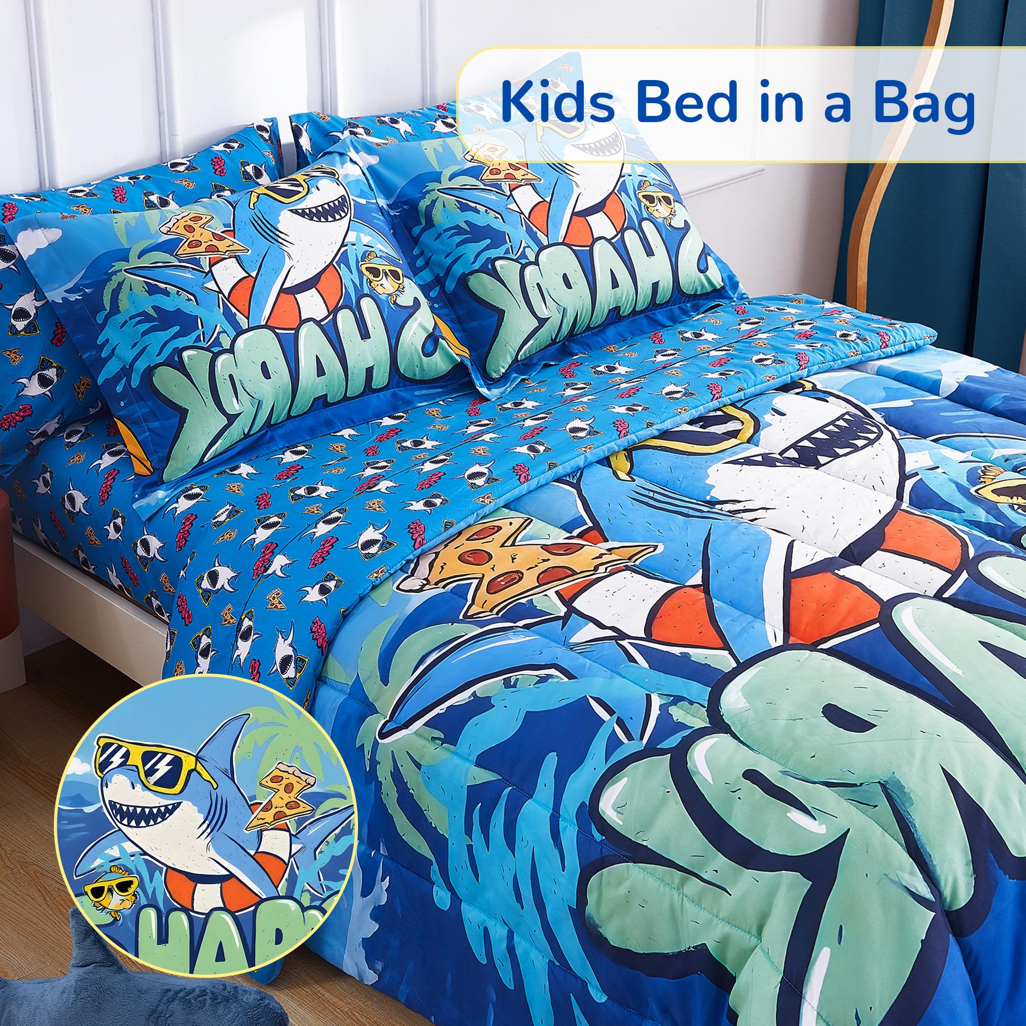 Shark Beach Party Kids Comforter Sets– 5 or 7 Piece Options