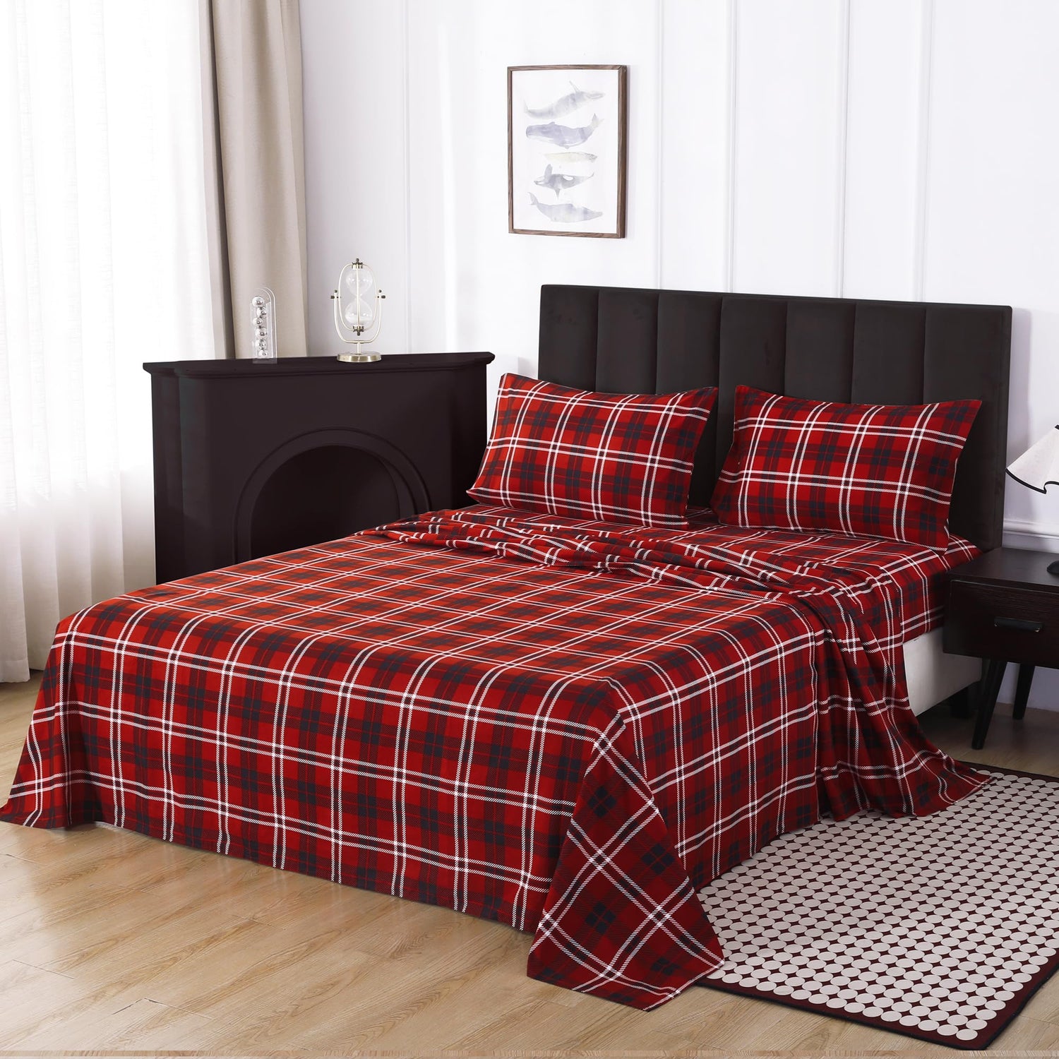 4 Piece Red & Black Grid Patterned Bed Sheets Set