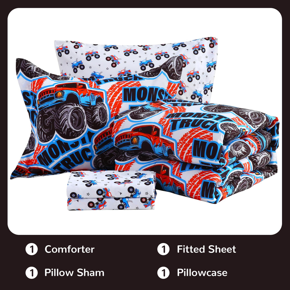 Monster Truck Kids Comforter Sets– 5 or 7 Piece Options