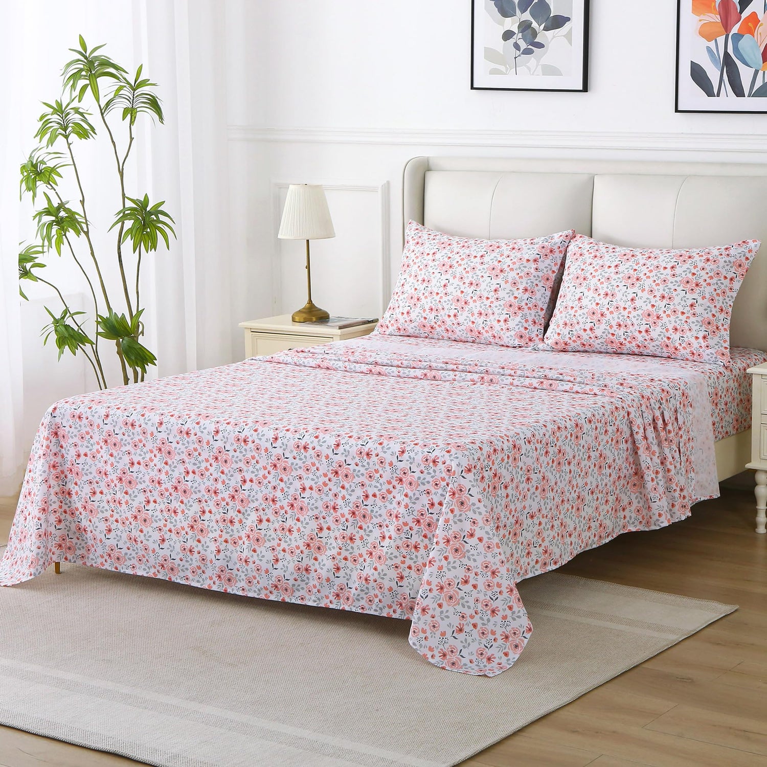 Orange Pink Rose Patterned Bed Sheets Set
