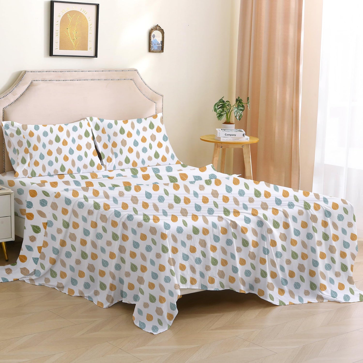 4 Piece Vintage Leaves Patterned Bed Sheets Set