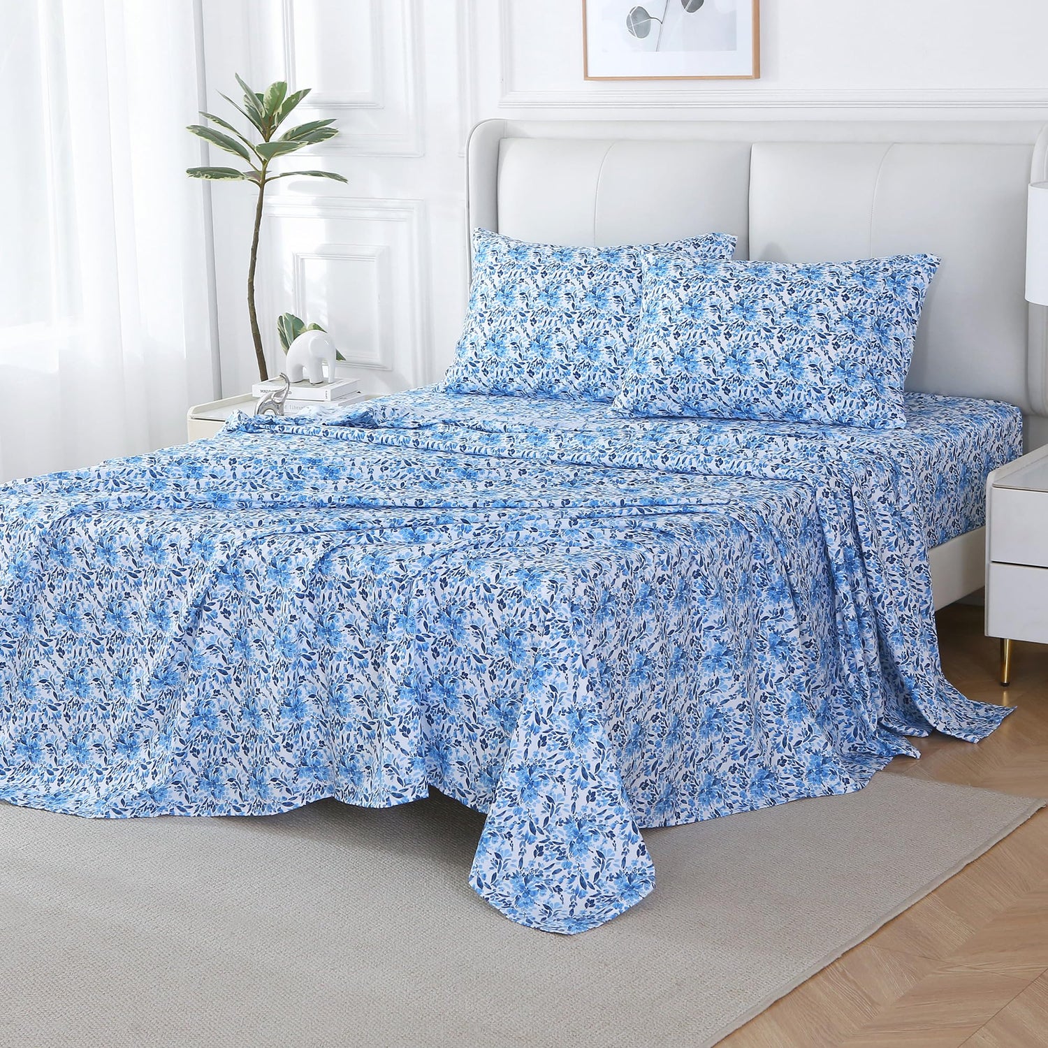 4 Piece Vintage Blue Big Flower Patterned Bed Sheets Set