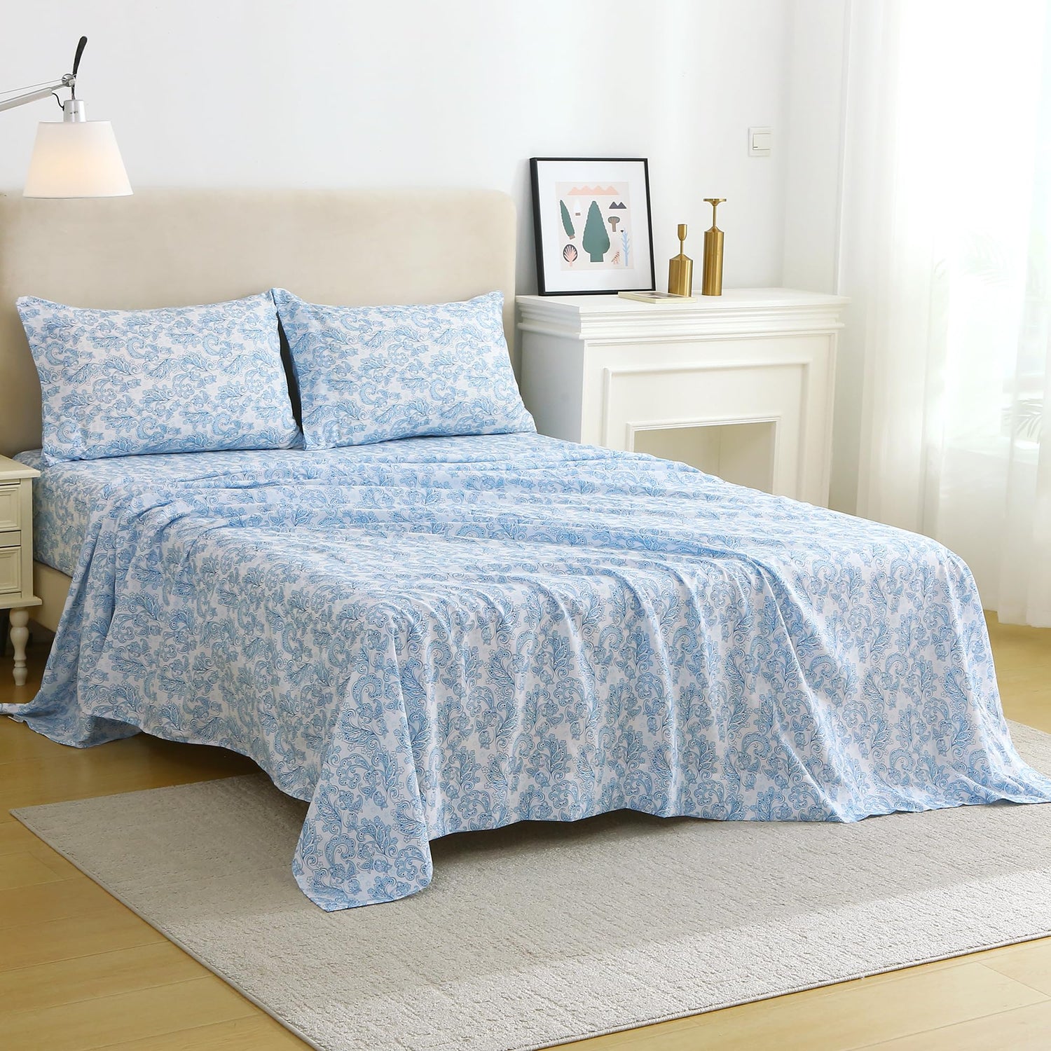 4 Piece Vintage Blue Paisley Flower Patterned Bed Sheets Set
