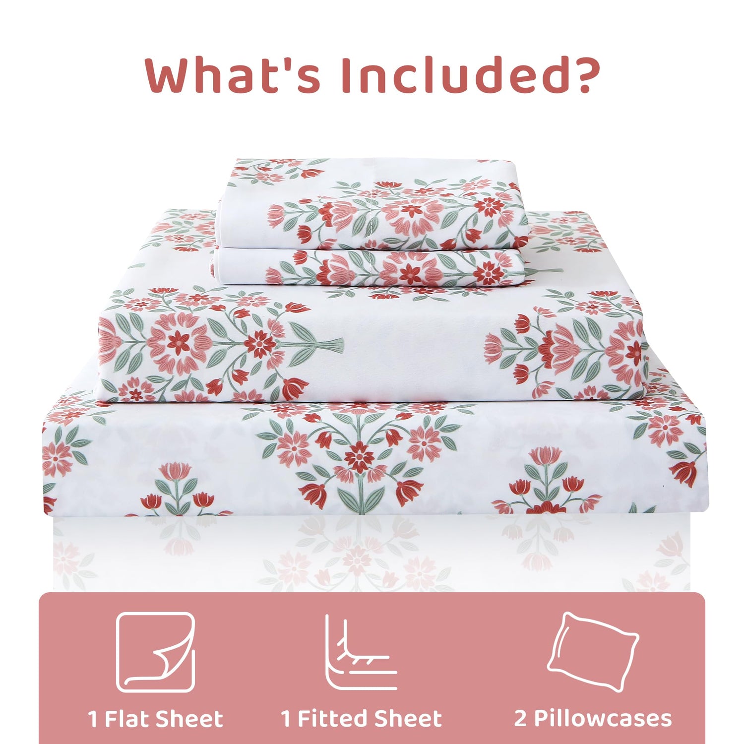 4 Piece Clusters of Red Flowers Green Leaves Patterned Bed Sheets Set