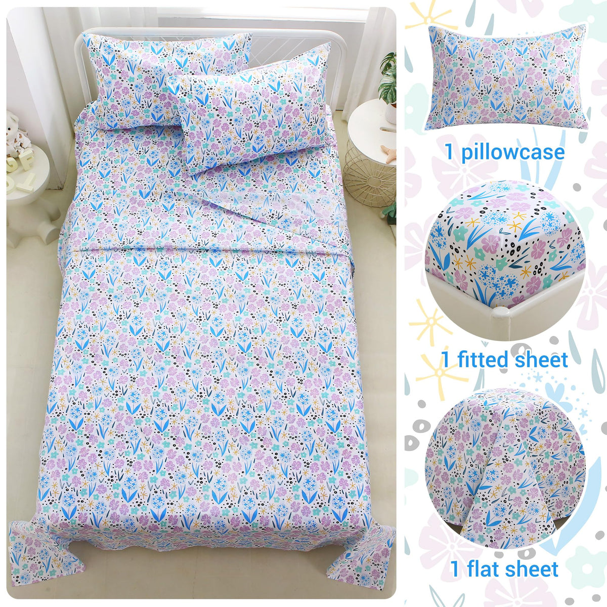 Purple Colorful Flower Kids Bed Sheet Set Deep Pocket Double Brushed Microfiber