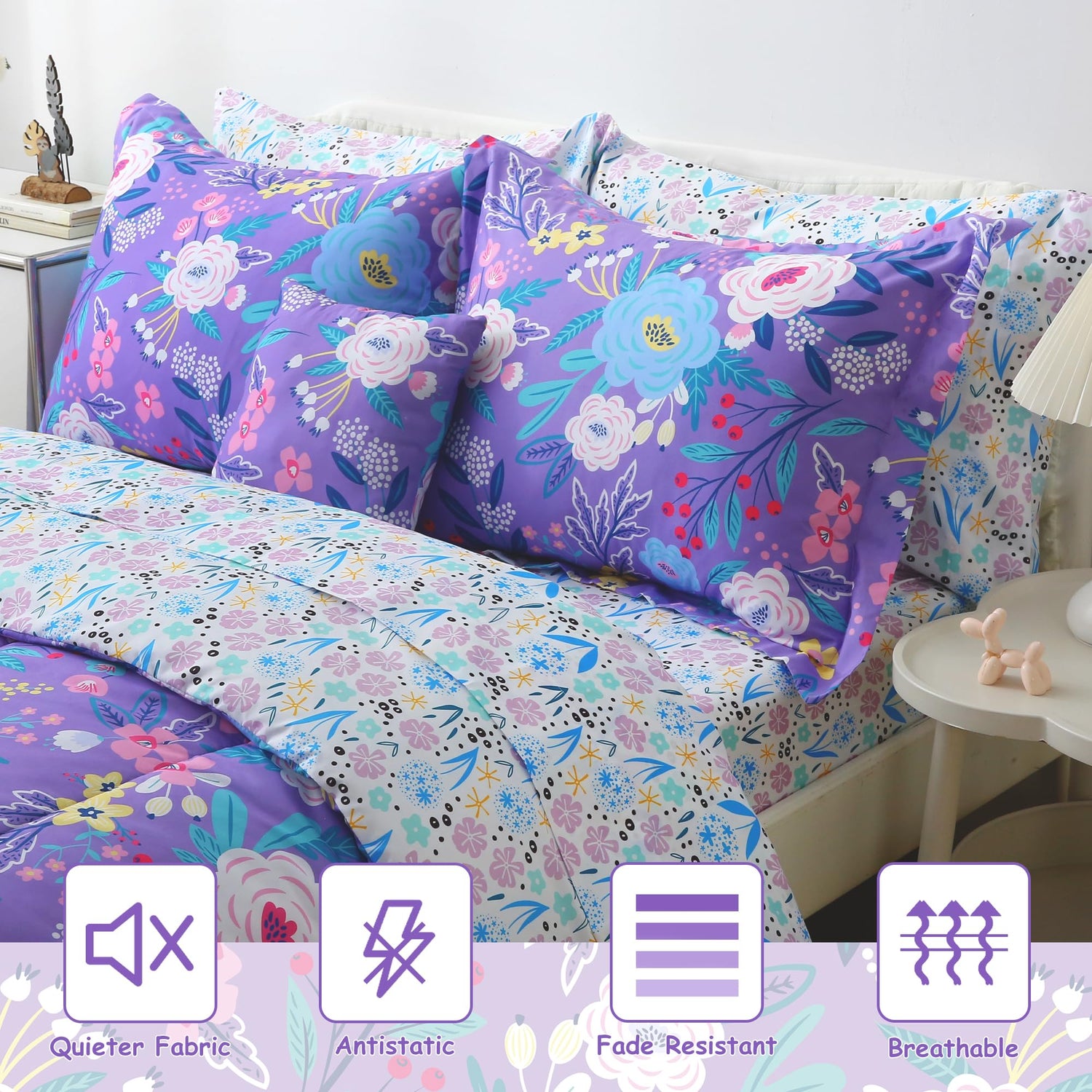 Purple Floral 6/8 Pcs Comforter Sets for Boys Kids