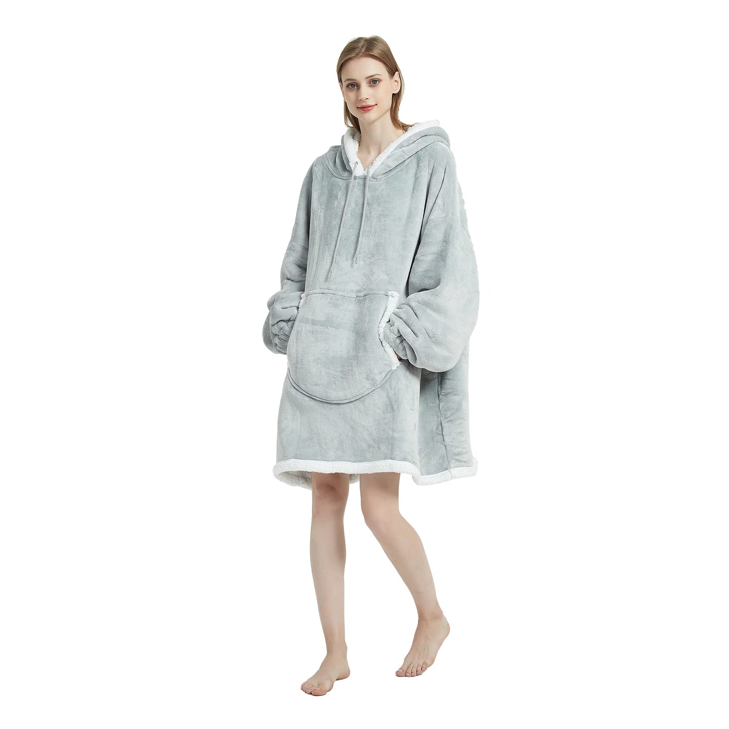 Grey Oversized Sherpa Fleece Wearable Blanket for Women & Men