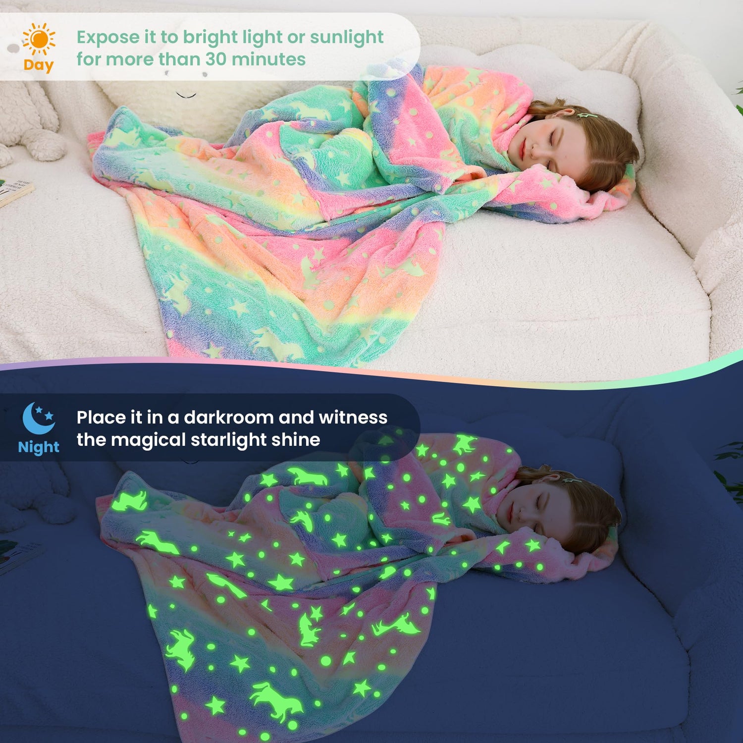 Colorful Unicorn Kids Wearable Fleece Blanket with Sleeves & Foot Pocket