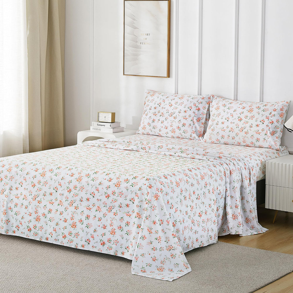 Peach Ditsy Floral Bed Sheet Set Deep Pocket Double Brushed Microfiber