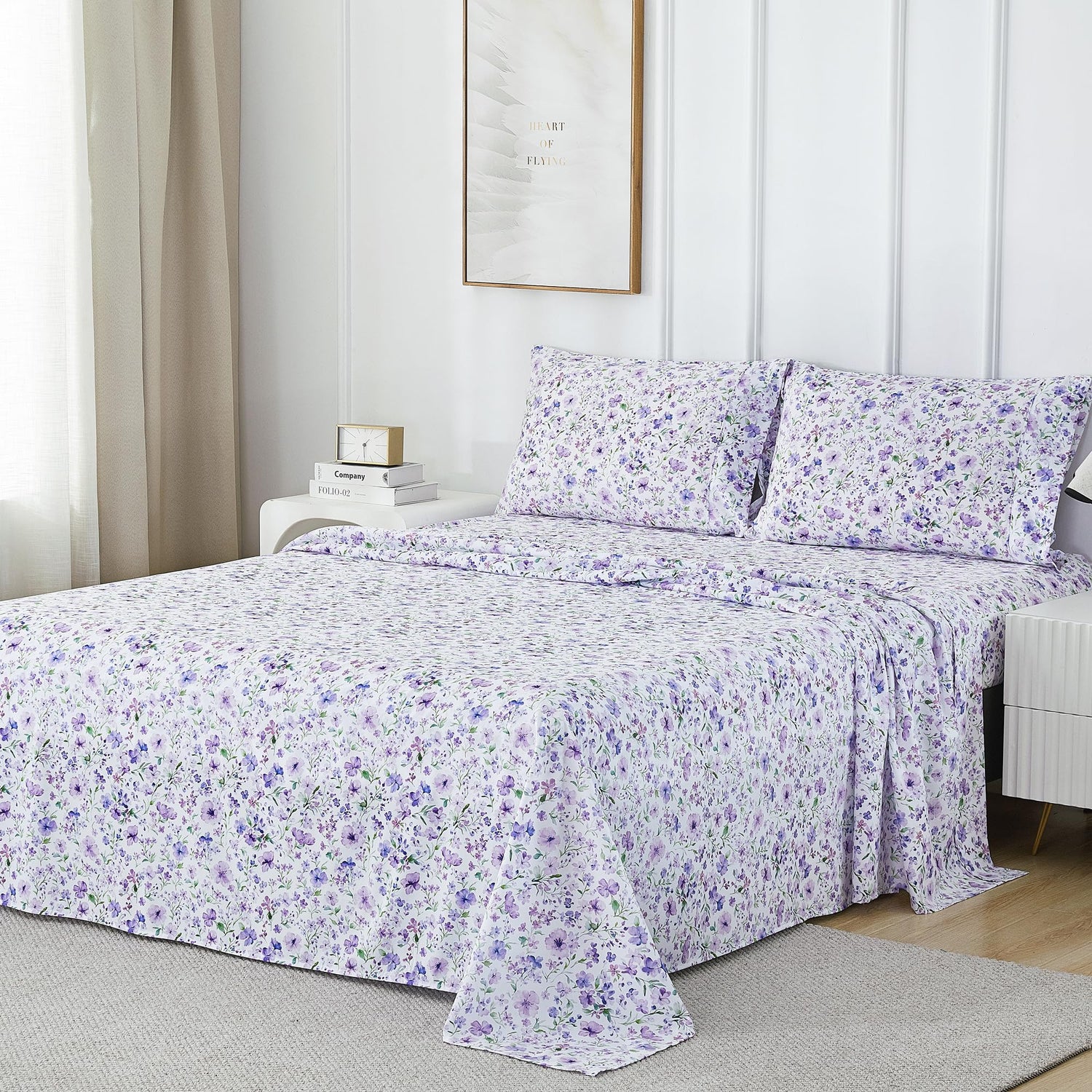 4 Piece Vintage Pueple Lavender Patterned Bed Sheets Set