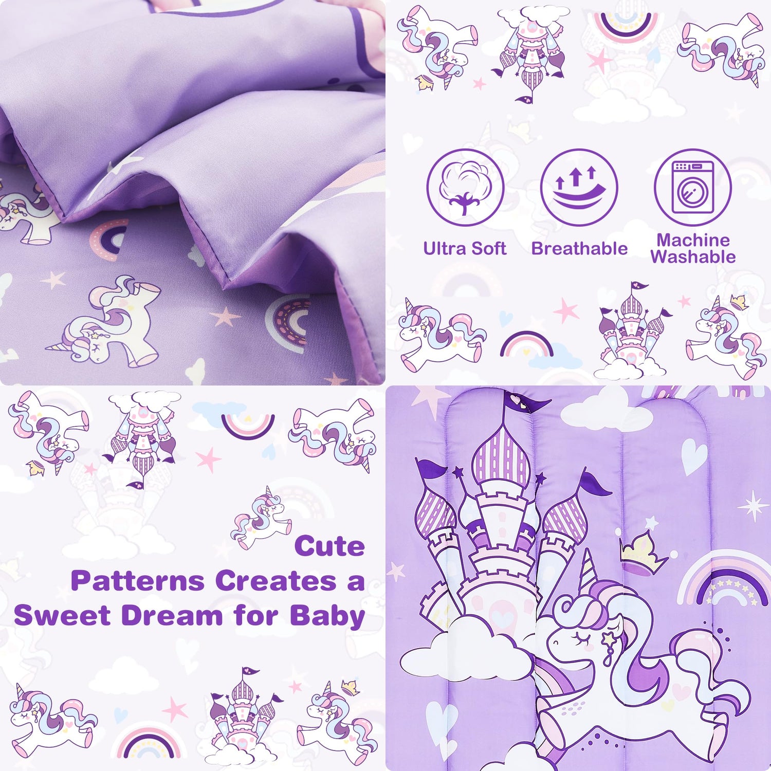 Purple Unicorn Toddler Bedding Set for Girls