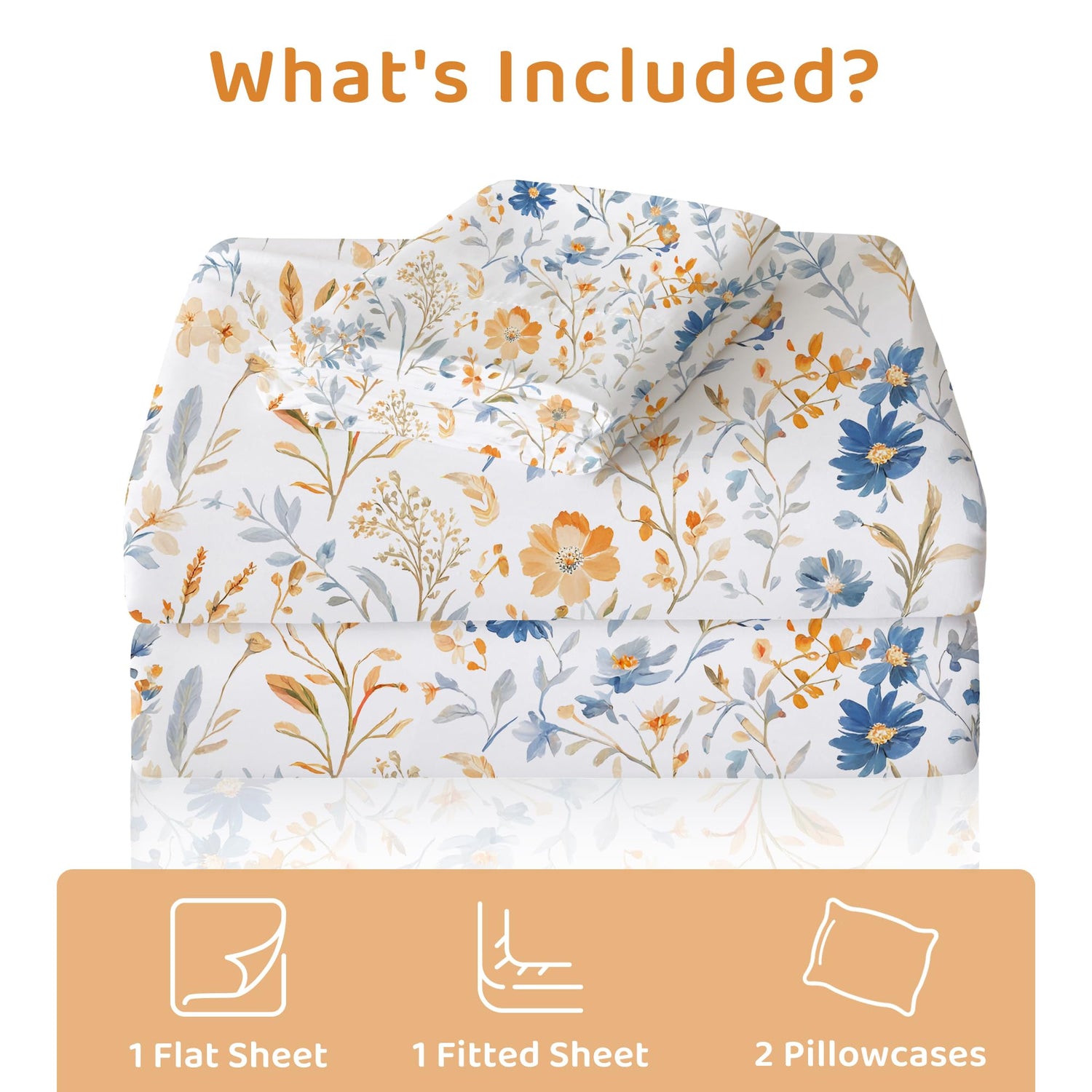 4 Piece Blue Yellow Flower Patterned Bed Sheets Set