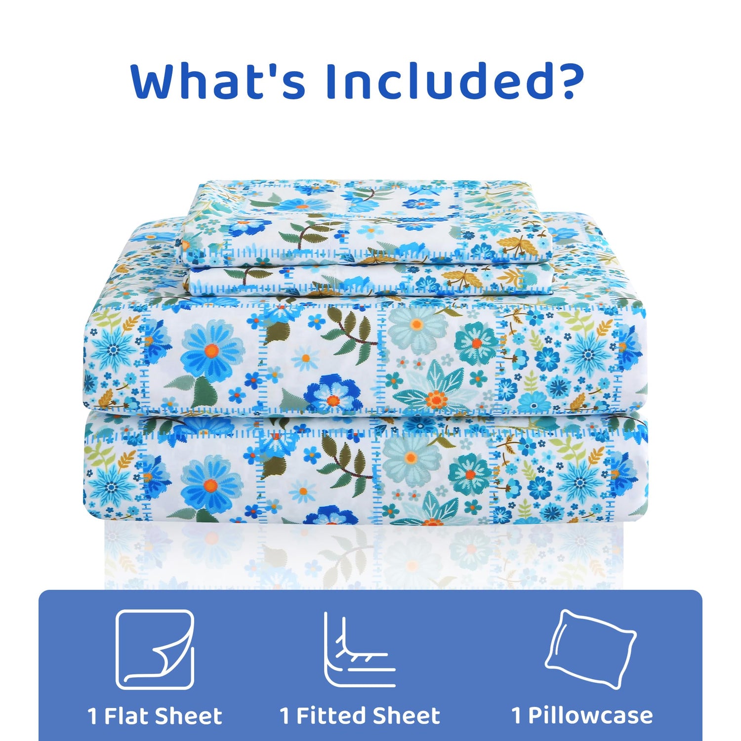Blue Green Floral Patchwork Patterned Bed Sheets Set