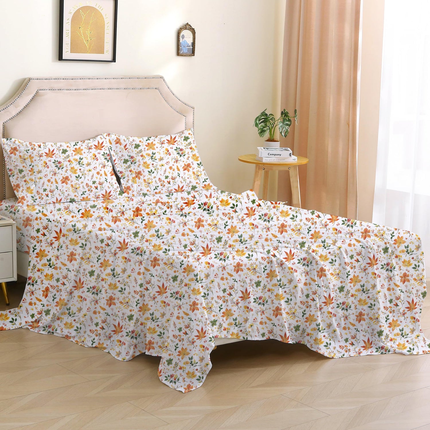4 Piece Vintage Orange Maple Leaves Patterned Bed Sheets Set