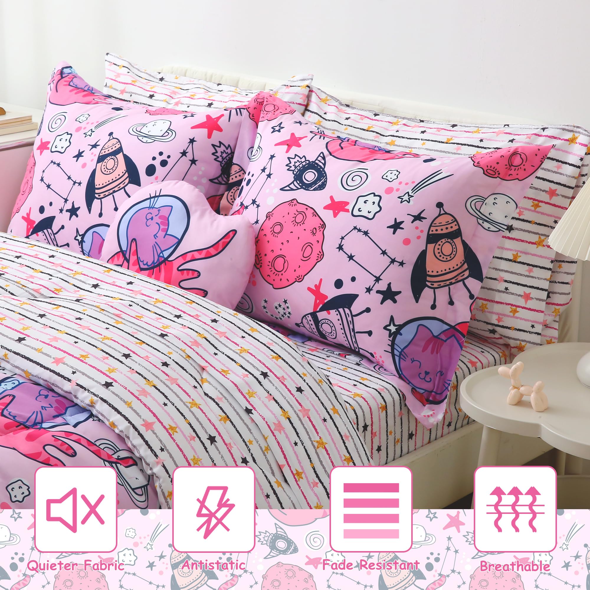 Pink Space Cat Comforter Sets for Kids– 6 or 8 Piece Options