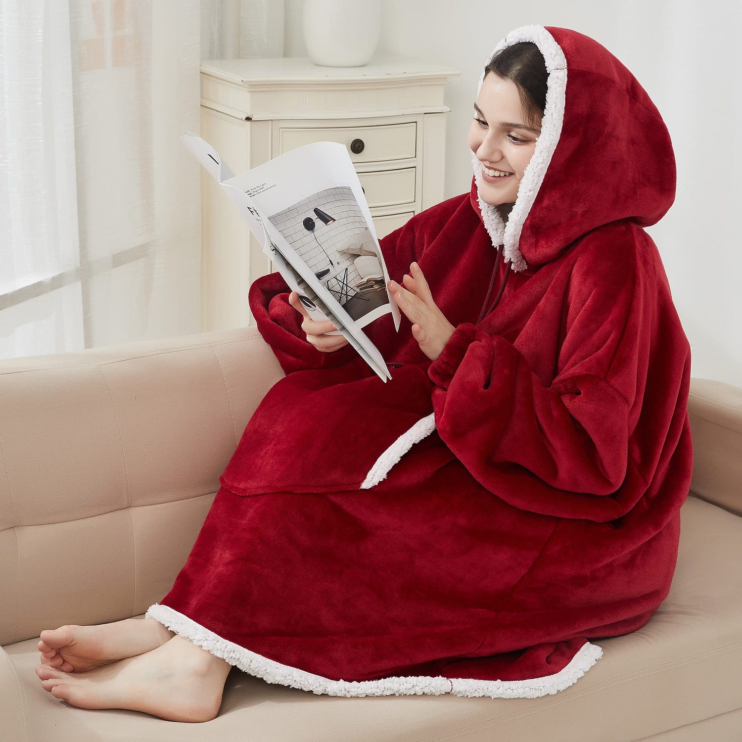 Wine Red Blanket Hoodie Oversized Sherpa Fleece Wearable Blanket for Women & Men