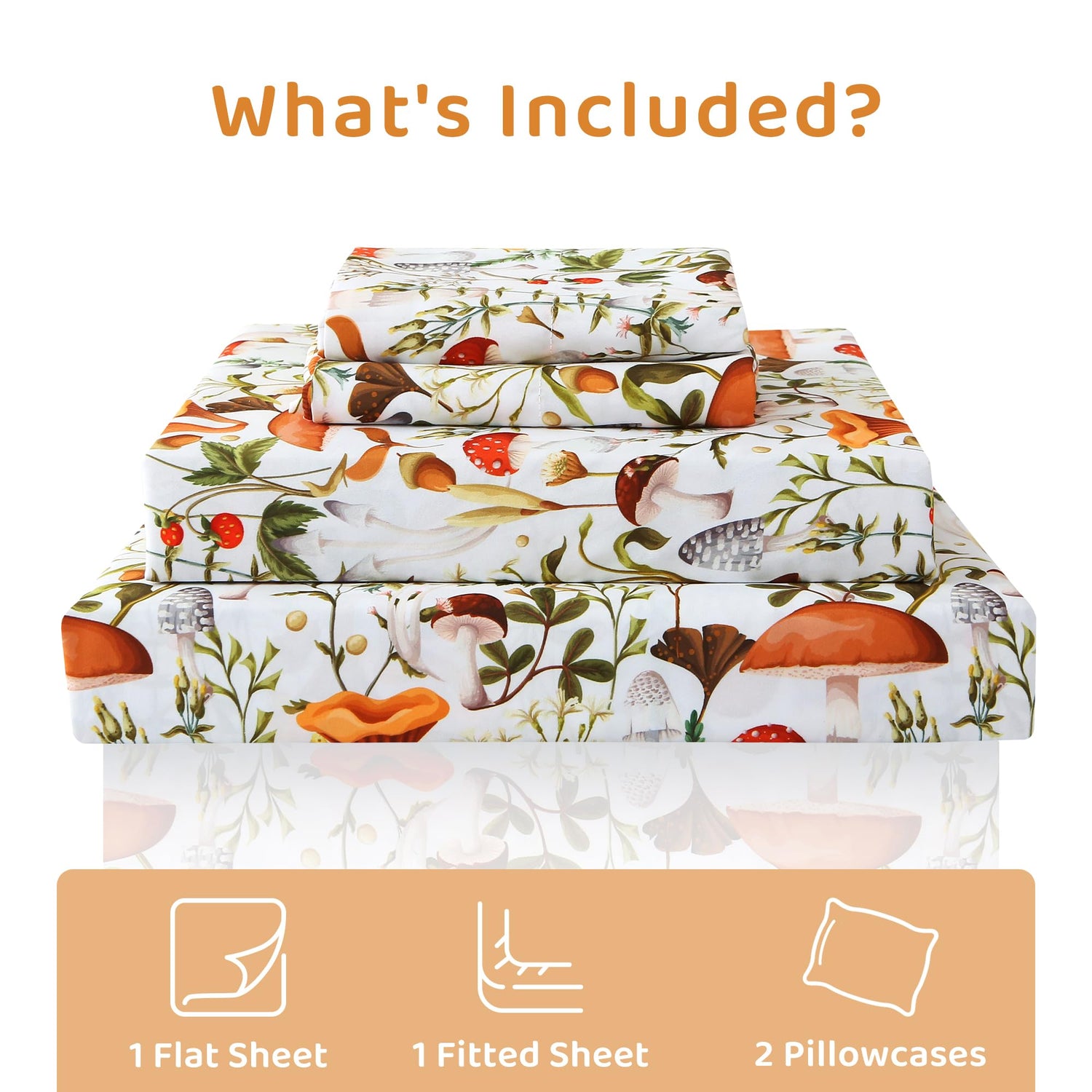 4 Piece Jungle Mushroom Leaves Patterned Bed Sheets Set