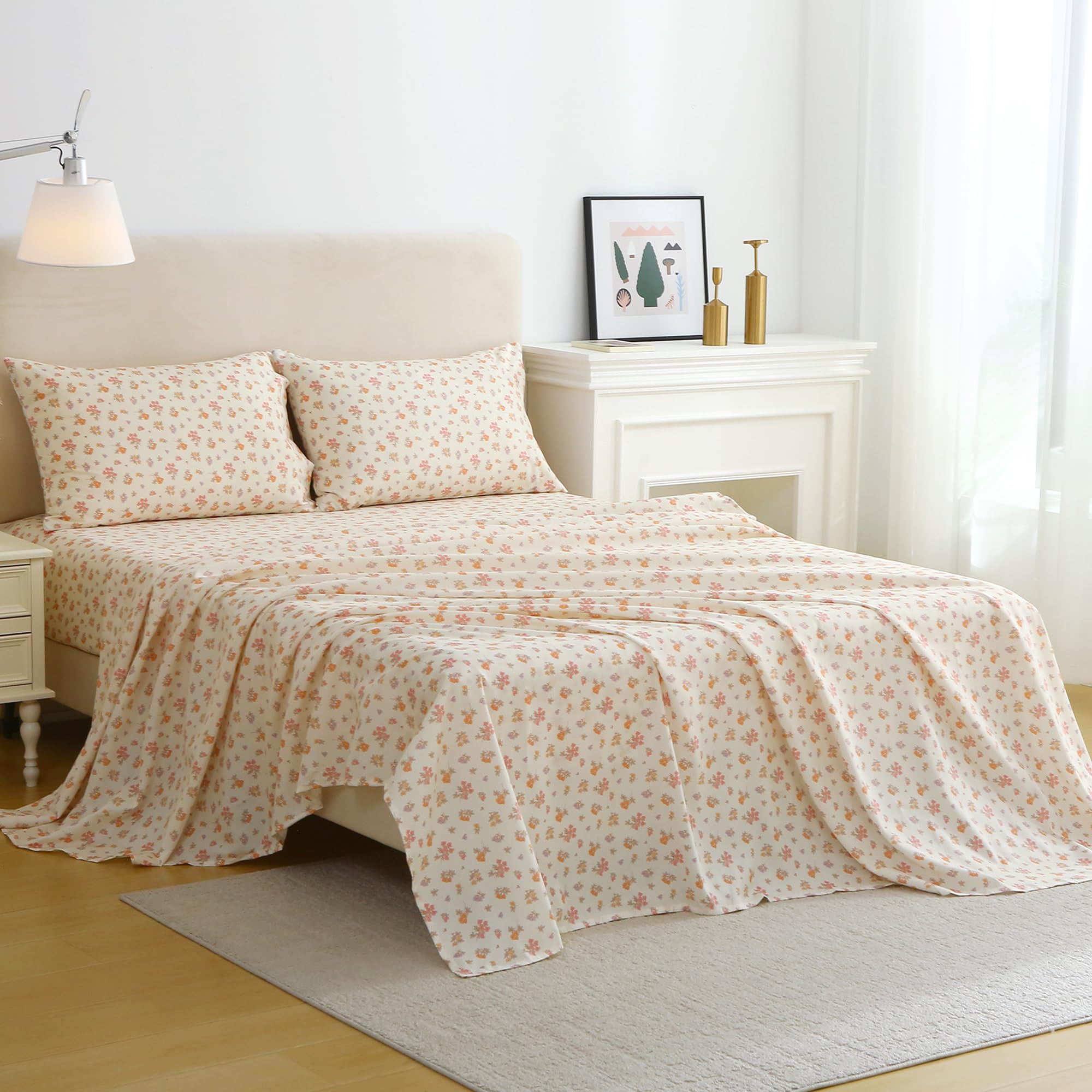 Parure de lit 4 pièces vintage à motifs floraux orange clair 