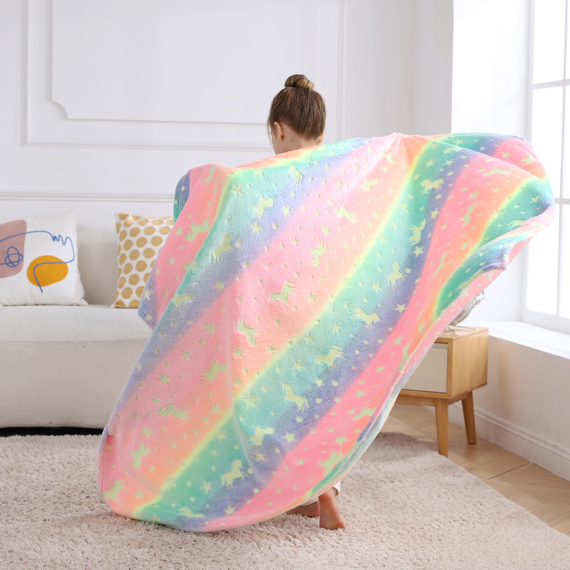 Multicolor Glow Unicorn Kids Throw Blanket for Boys and Girls Soft Cozy Flannel