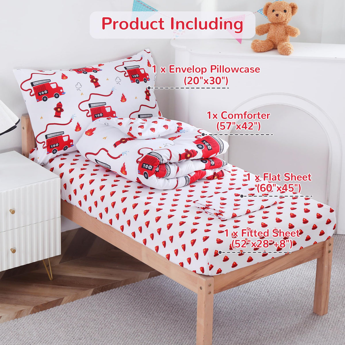 Fire Truck Toddler Comforter Set– 4 Piece