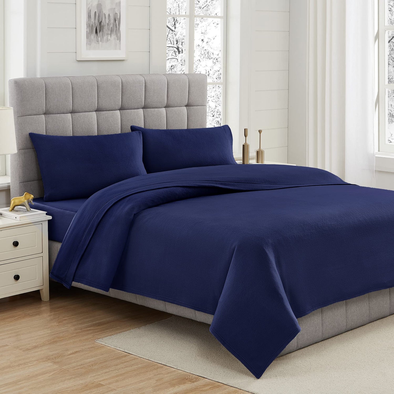 Navy Printed Micro Fleece Bed Sheet Set