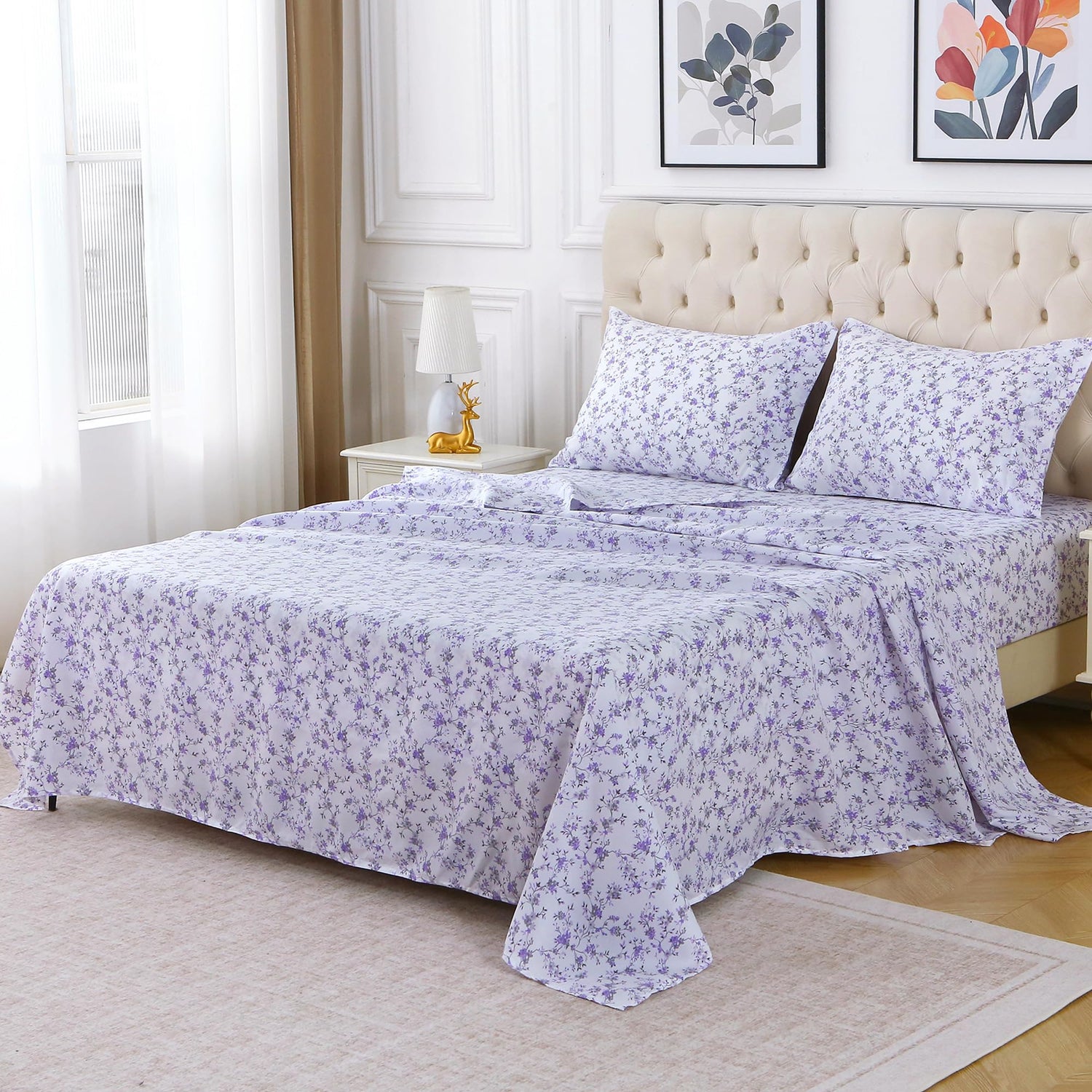 4 Piece Vintage Purple Flower2 Patterned Bed Sheets Set