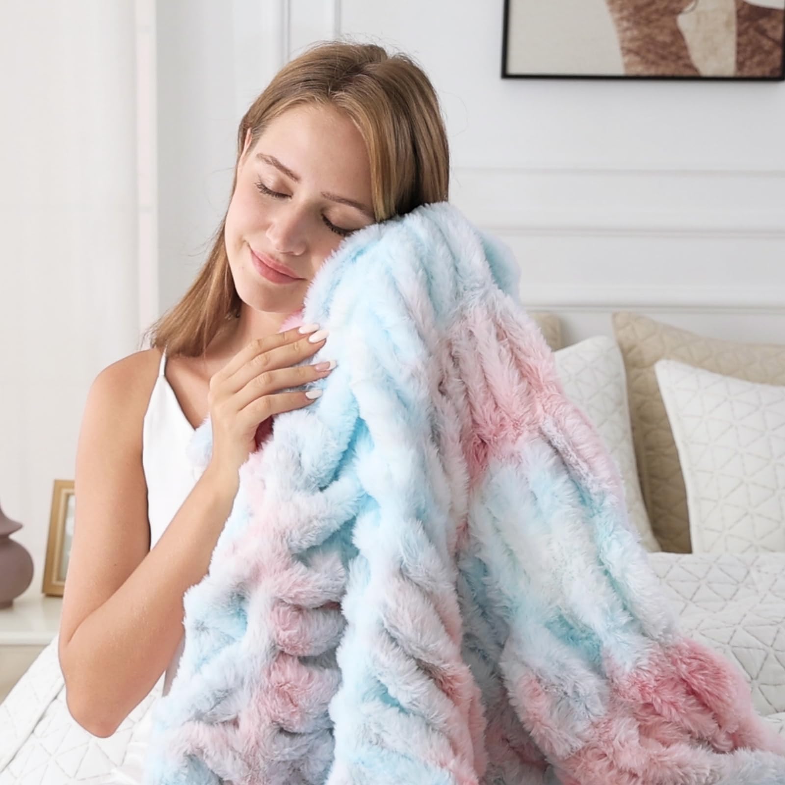 Light Pink Blue Warm Fuzzy Faux Fur Blanket