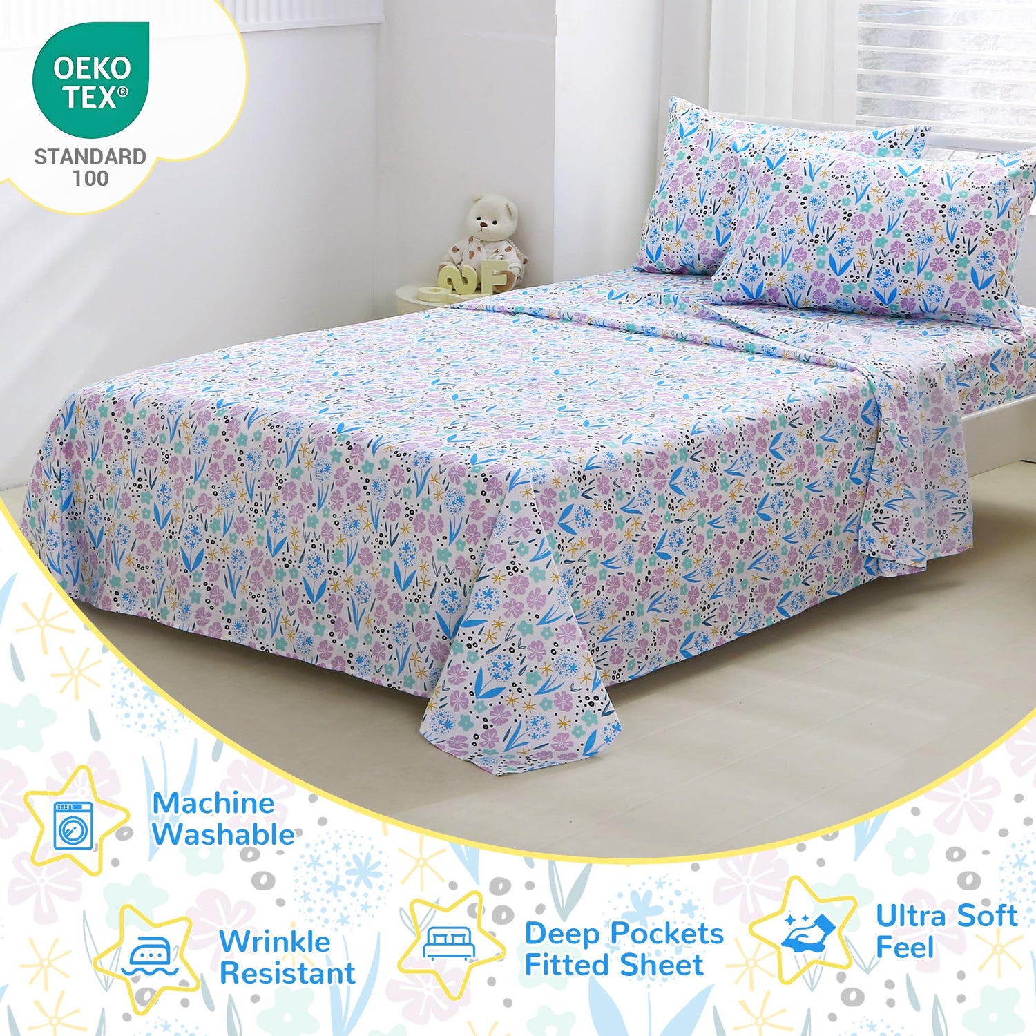 Purple Colorful Flower Kids Bed Sheet Set