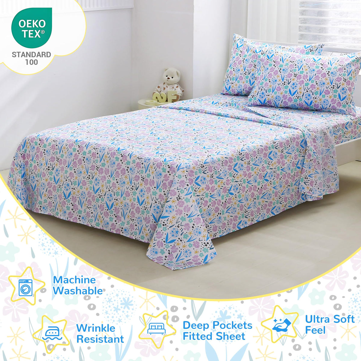 Purple Colorful Flower Kids Bed Sheet Set Deep Pocket Double Brushed Microfiber