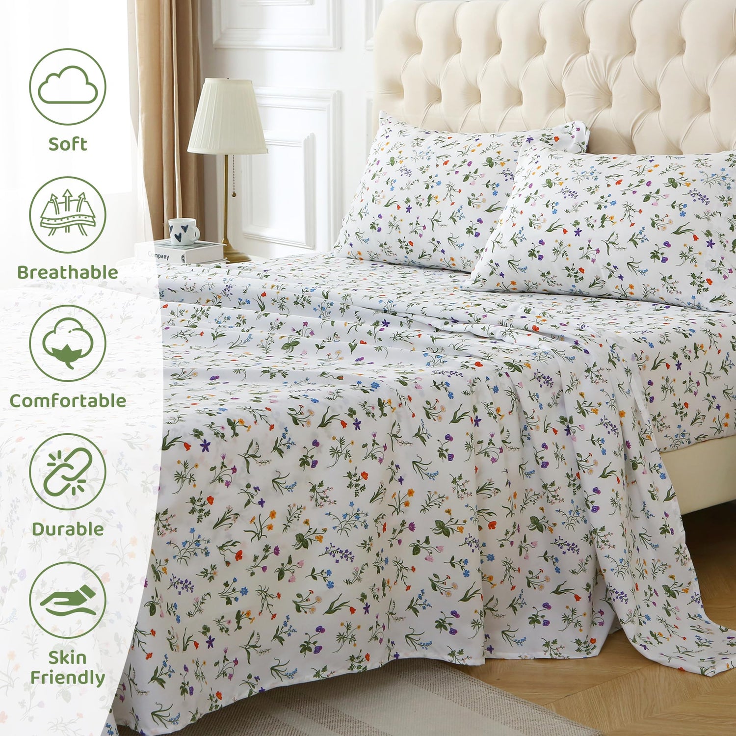 4 Piece Colorful Floral Plants Patterned Bed Sheets Set