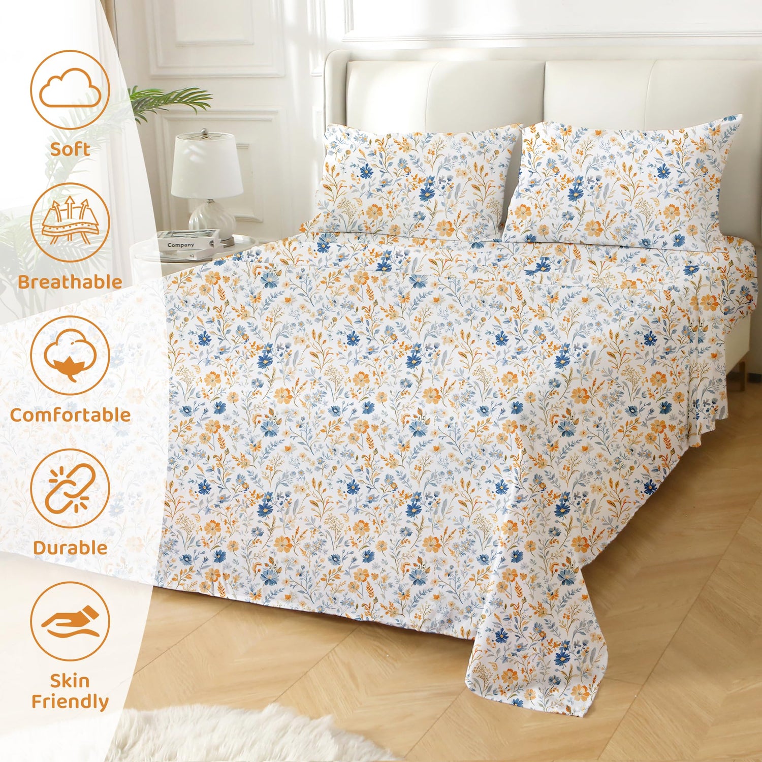 4 Piece Blue Yellow Flower Patterned Bed Sheets Set