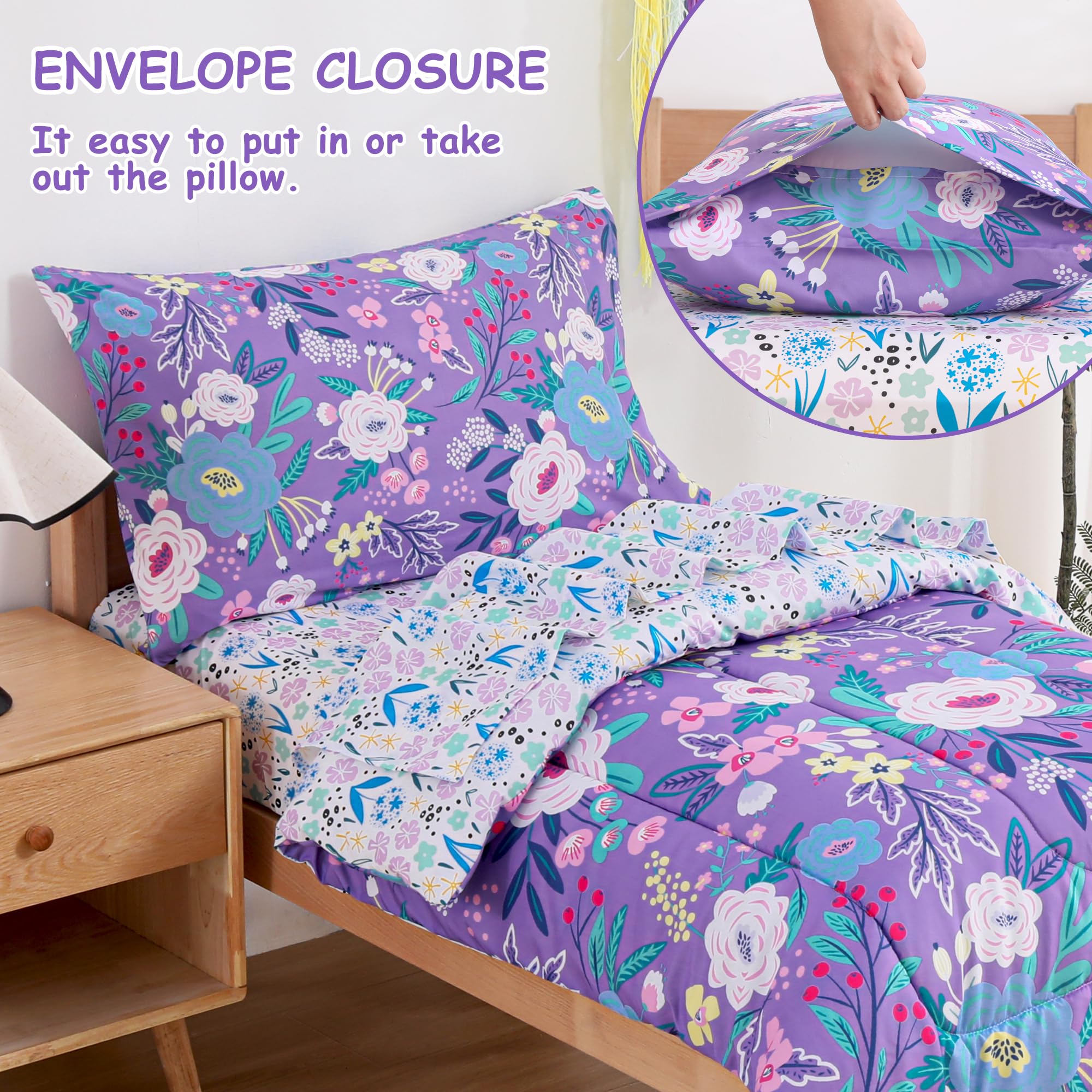 Purple Flower Toddler Comforter Set– 4 Piece