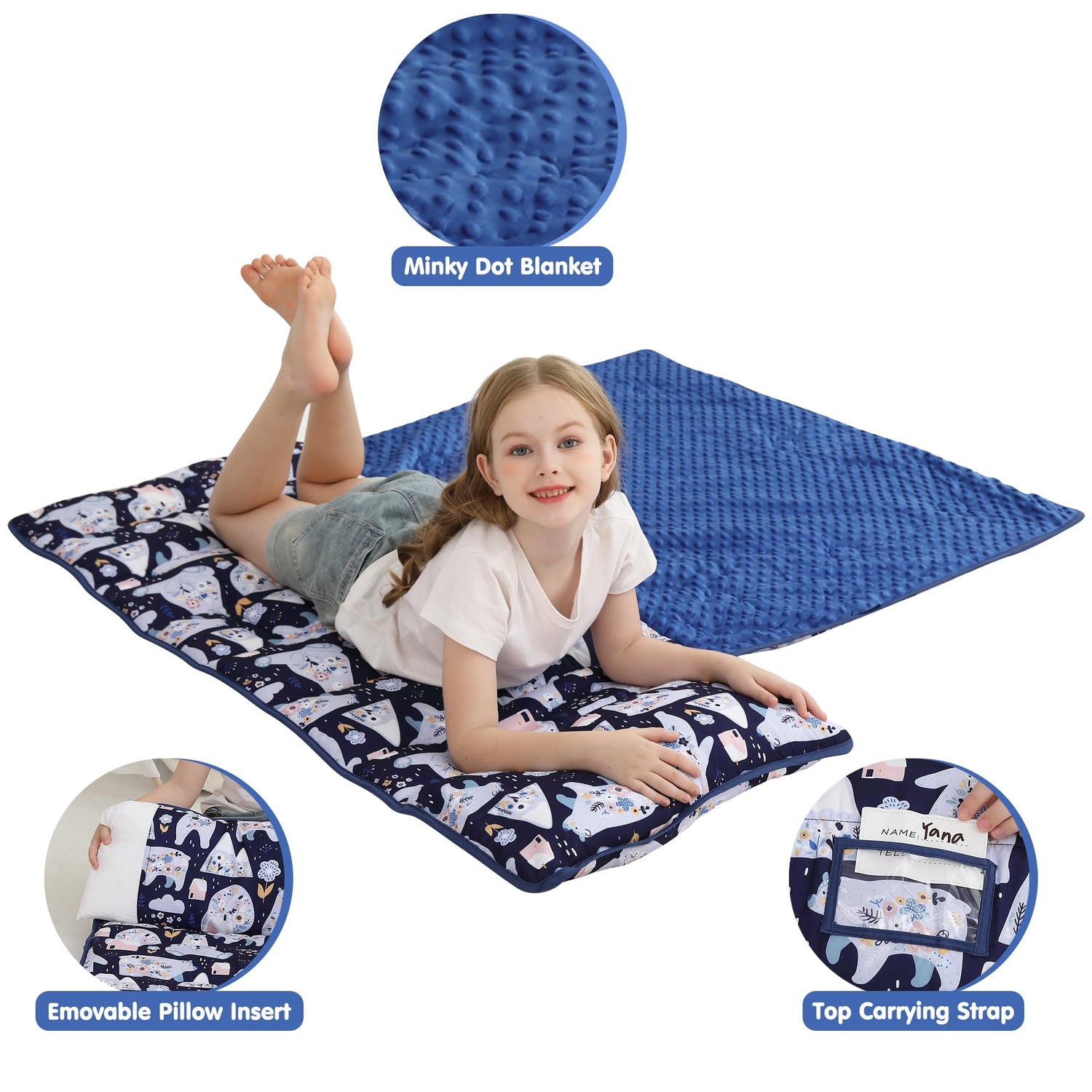 Deep Blue Bear Toddler Nap Mat with Pillow and Blanket