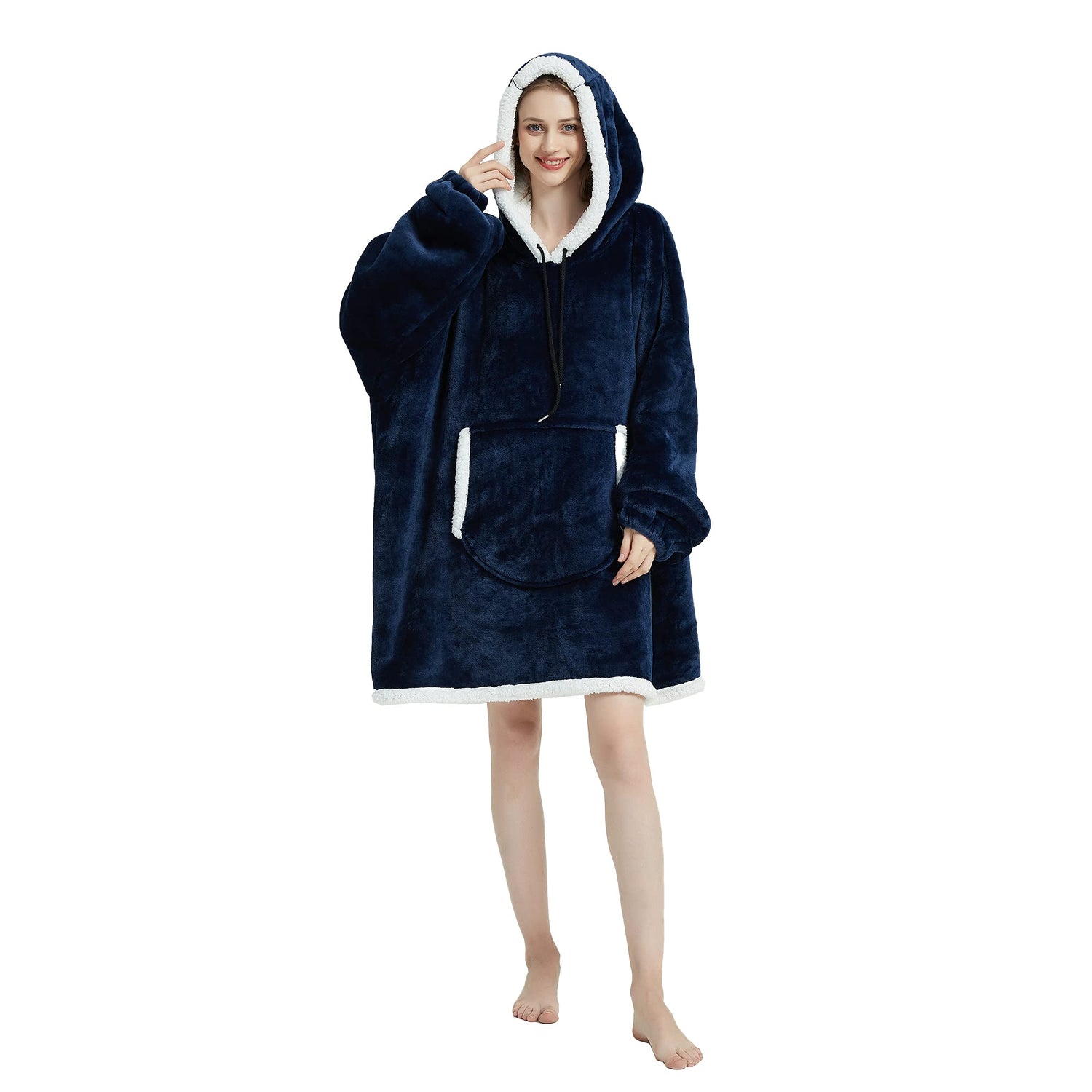Navy Oversized Sherpa Fleece Wearable Blanket for Women & Men