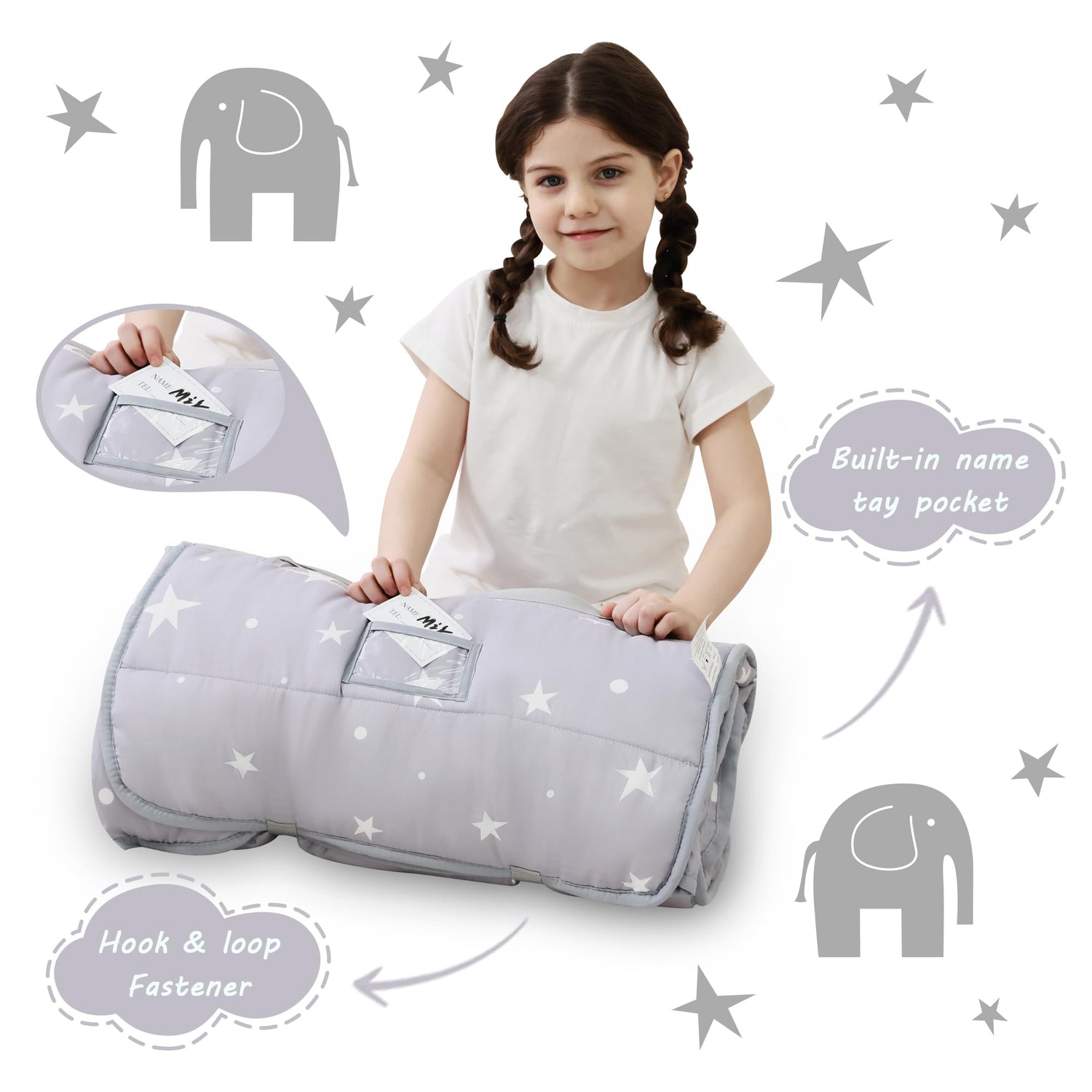 Gray Elephant Toddler Nap Mat with Pillow & Blanket