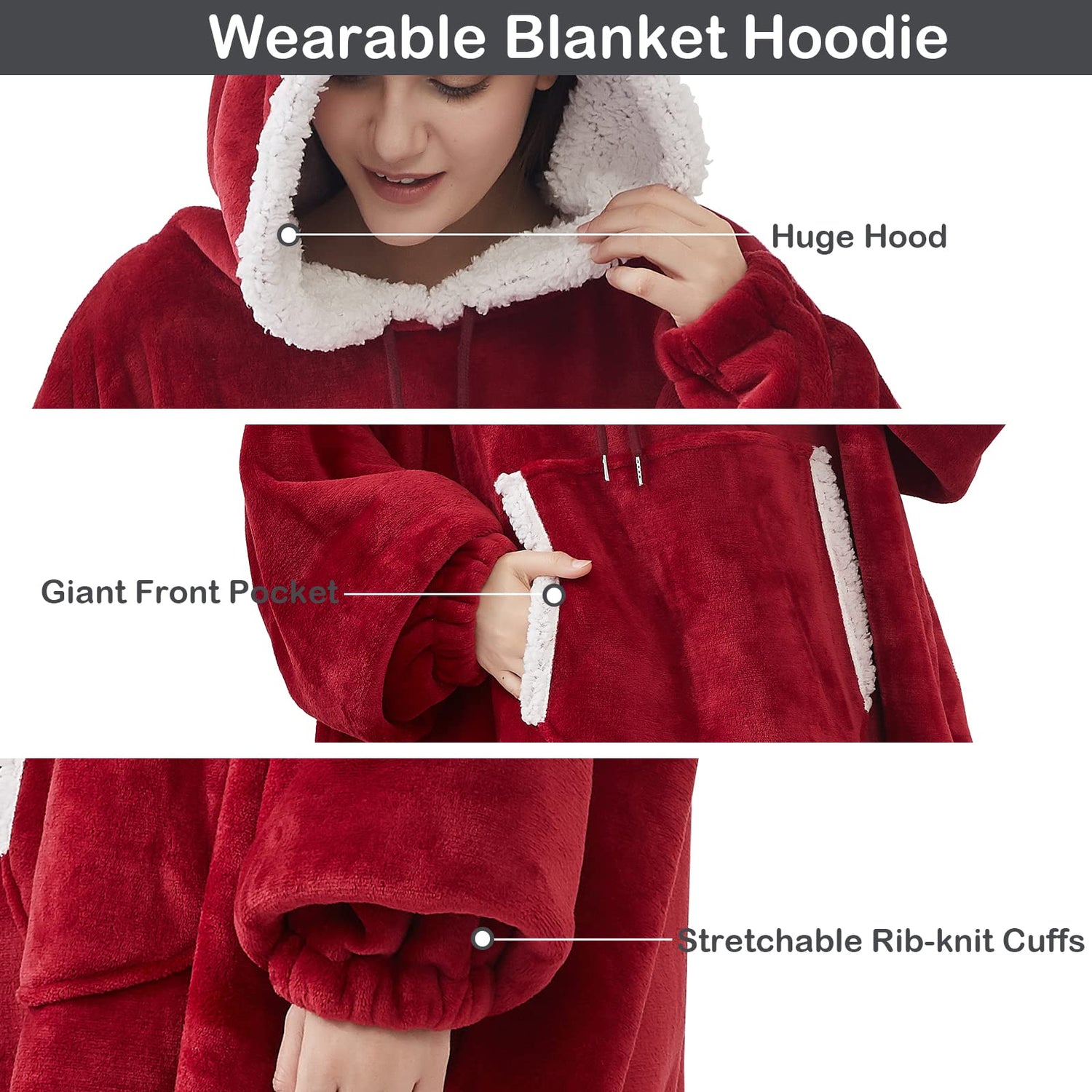 Wine Red Blanket Hoodie Oversized Sherpa Fleece Wearable Blanket for Women & Men