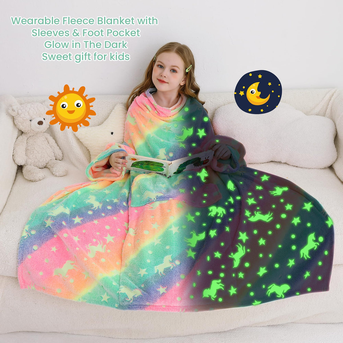 Colorful Unicorn Kids Wearable Fleece Blanket with Sleeves & Foot Pocket