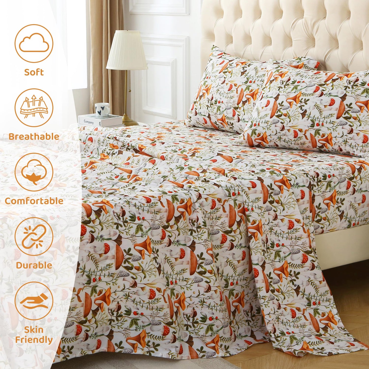 4 Piece Jungle Mushroom Leaves Patterned Bed Sheets Set