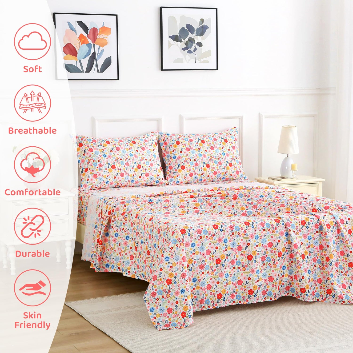 Colorful Flower Custers Patterned Bed Sheets Set