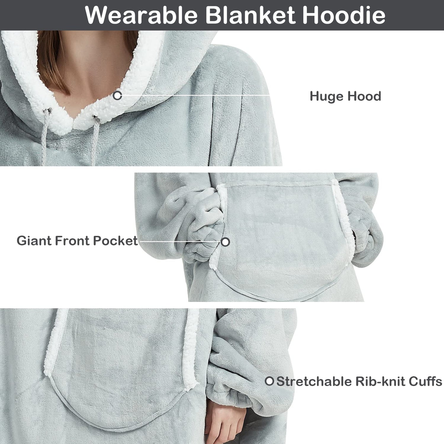 Grey Oversized Sherpa Fleece Wearable Blanket for Women & Men