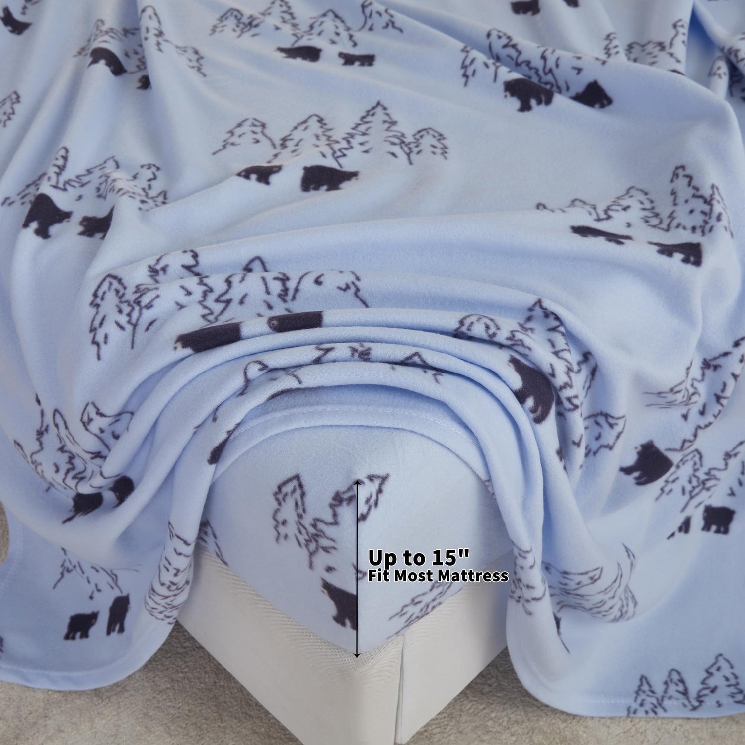 Blue Bear Printed Micro Fleece Bed Sheet Set,Winter Velour Velvet Sheets & Pillowcase Set