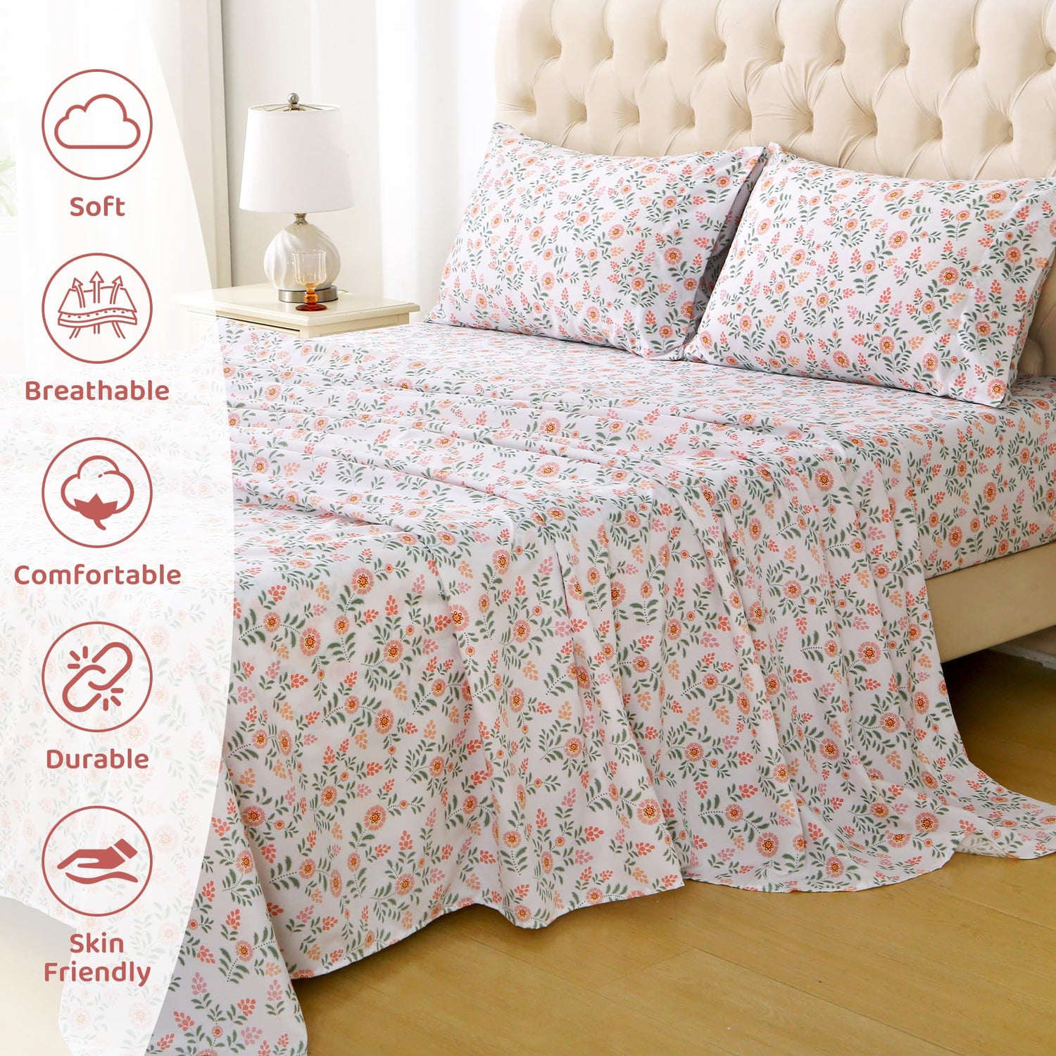 4 Piece Pink Round Flowers Green Leaves Patterned Bed Sheets Set