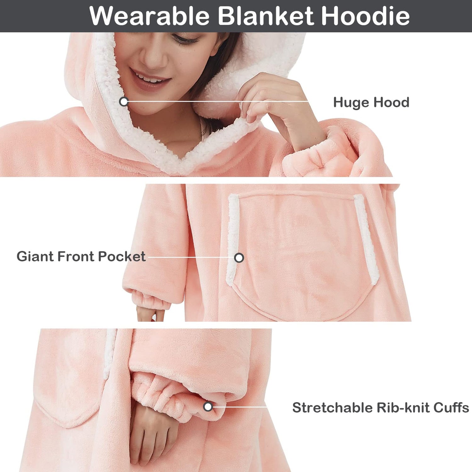Pink Blanket Hoodie Oversized Sherpa Fleece Wearable Blanket for Women & Men
