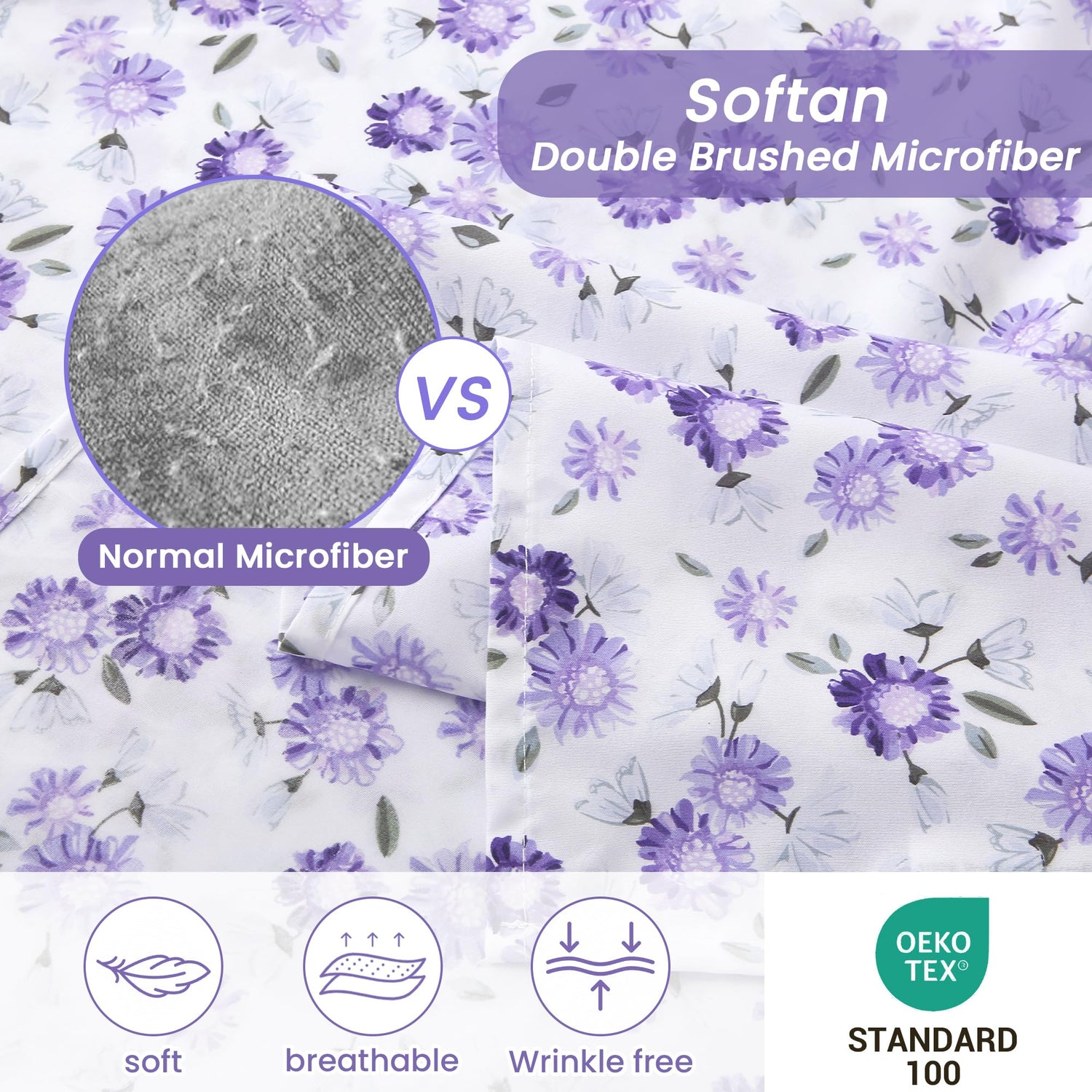 4 Piece Vintage Purple and White Flower Patterned Bed Sheets Set