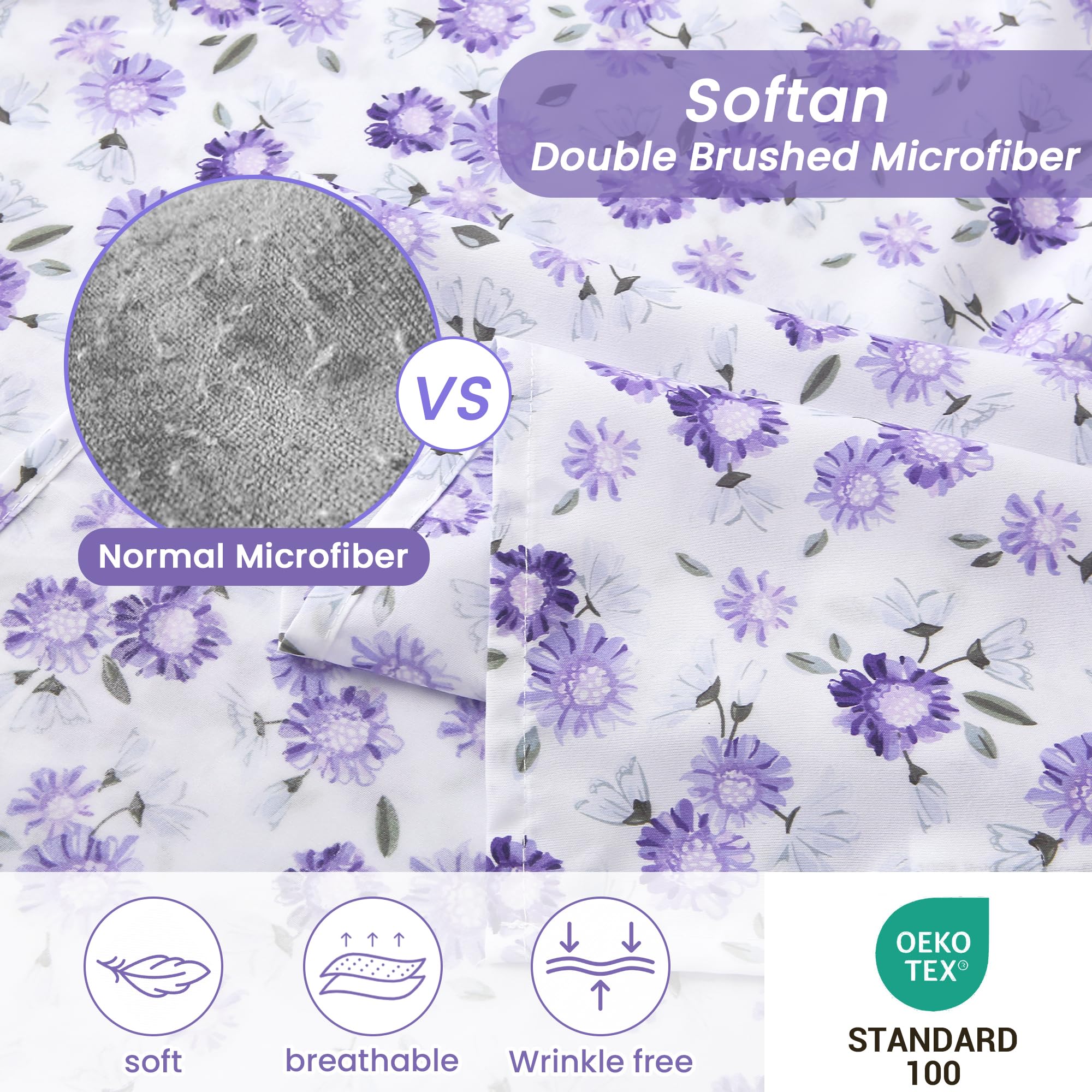 4 Piece Vintage Purple and White Flower Patterned Bed Sheets Set